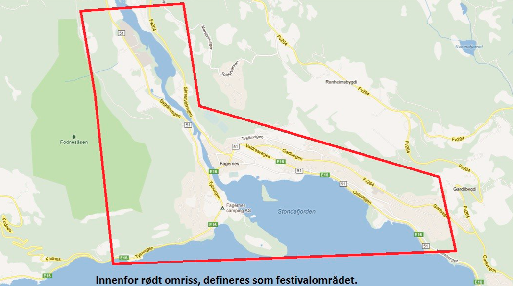 Illustrasjon over hva som defineres som festivalområde under Norsk Rakfiskfestival - Klikk for stort bilde
